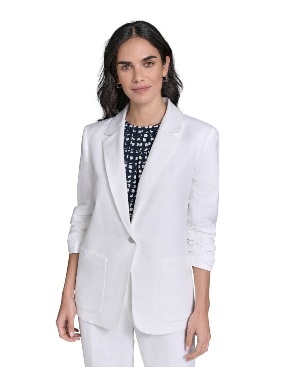 Calvin Klein Ruched 3/4-Sleeve Linen-Blend Blazer White Petite Size 12P $149